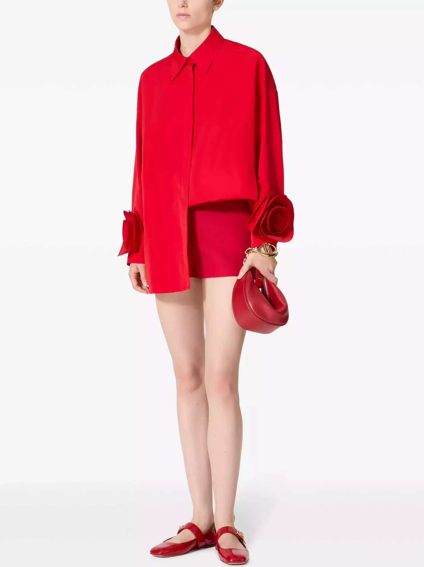 Floral-Applique-Cuff Long Sleeve Shirt in Red - Tops