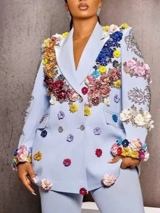 Floral Applique Double-Breasted Blazer with Bead Embroidery - Jackets