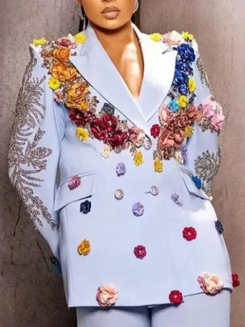 Floral Applique Double-Breasted Blazer with Bead Embroidery - Jackets