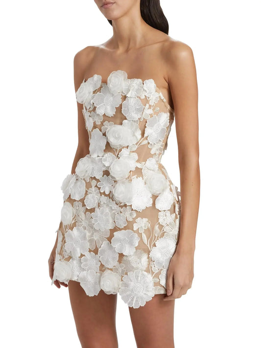 Floral-Applique Embroidered Strapless Mini Dress In White - Dresses