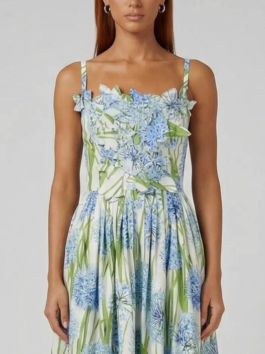Floral Appliqué Fit-and-Flare Cotton Midi Dress - Dresses
