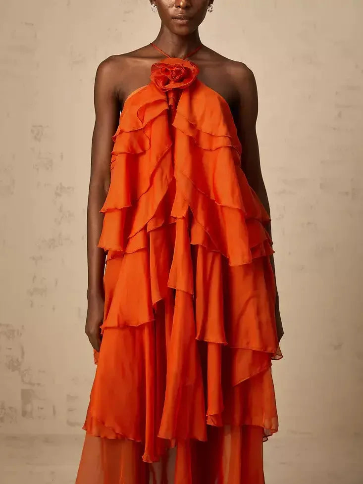 Floral-Applique Halter-Neck Tiered Maxi Dress - Dresses