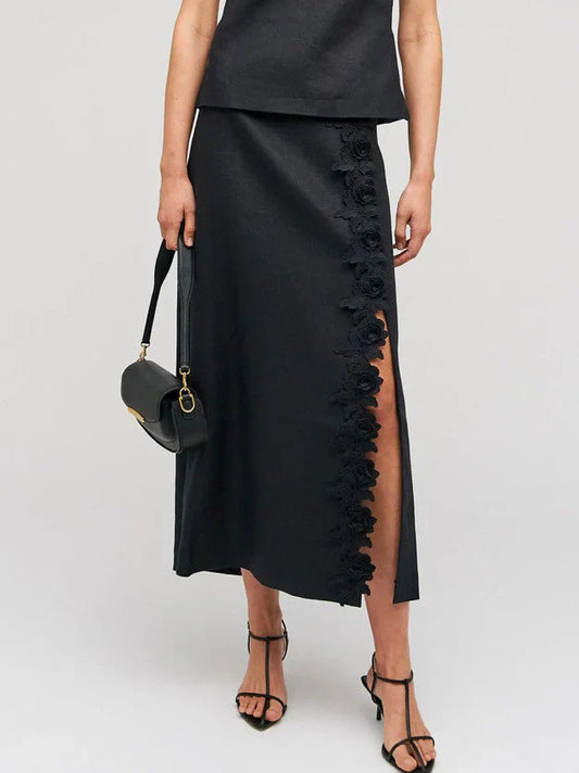 Floral-Applique Linen Midi Skirt in Black - Skirts