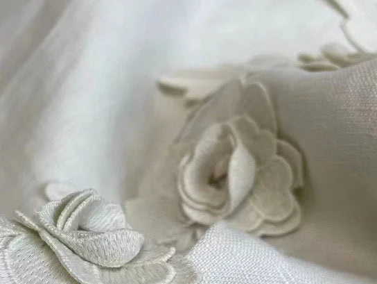 Floral-Applique Linen Midi Skirt in Cream - Skirts