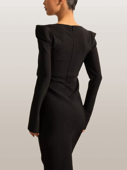 Floral Applique Long Black Sculptured Dress - Dresses
