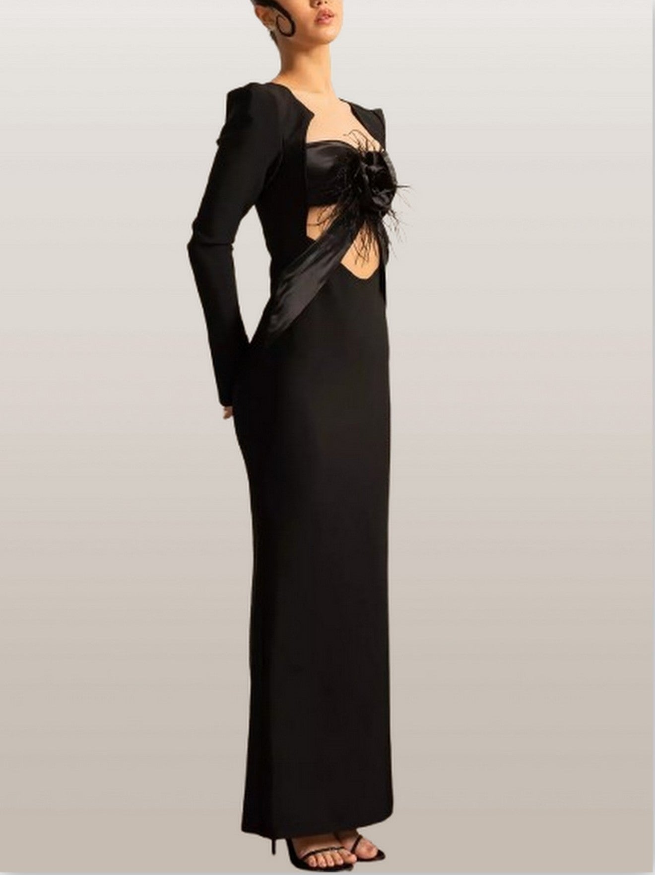 Floral Applique Long Black Sculptured Dress - Dresses