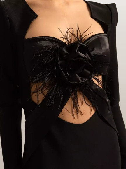Floral Applique Long Black Sculptured Dress - Dresses