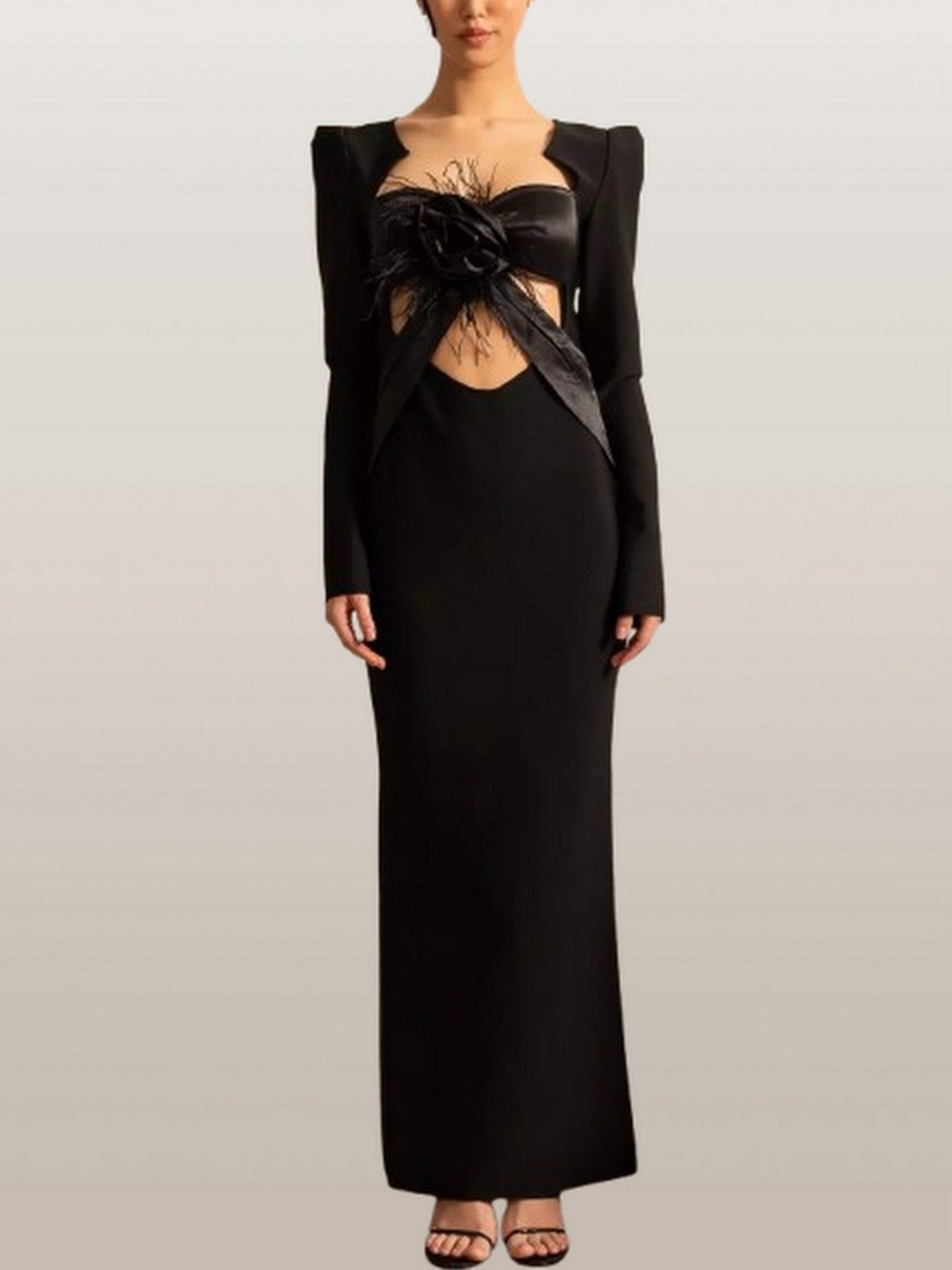 Floral Applique Long Black Sculptured Dress - Dresses