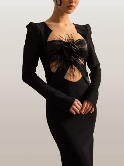 Floral Applique Long Black Sculptured Dress - Dresses