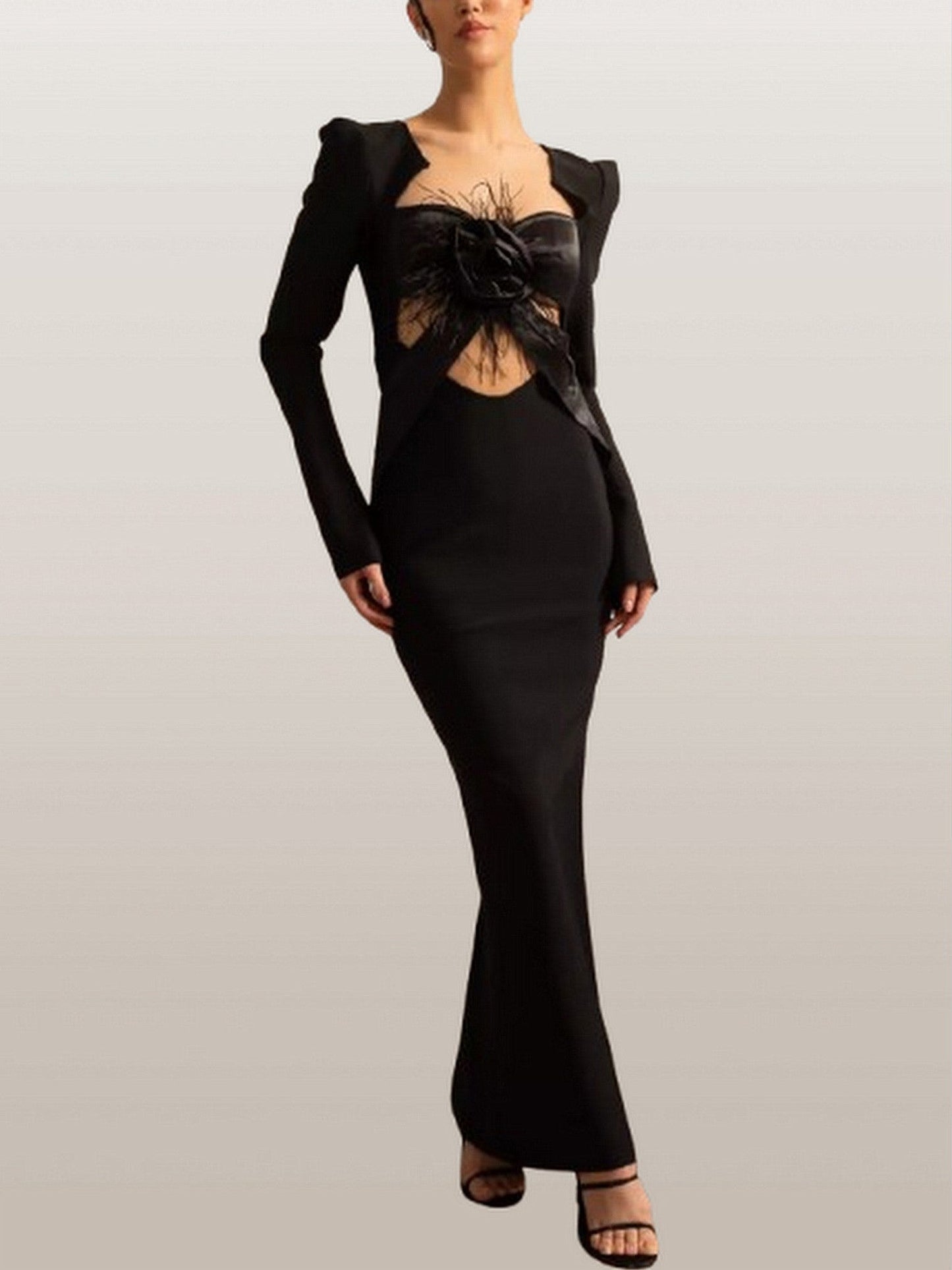 Floral Applique Long Black Sculptured Dress - Dresses