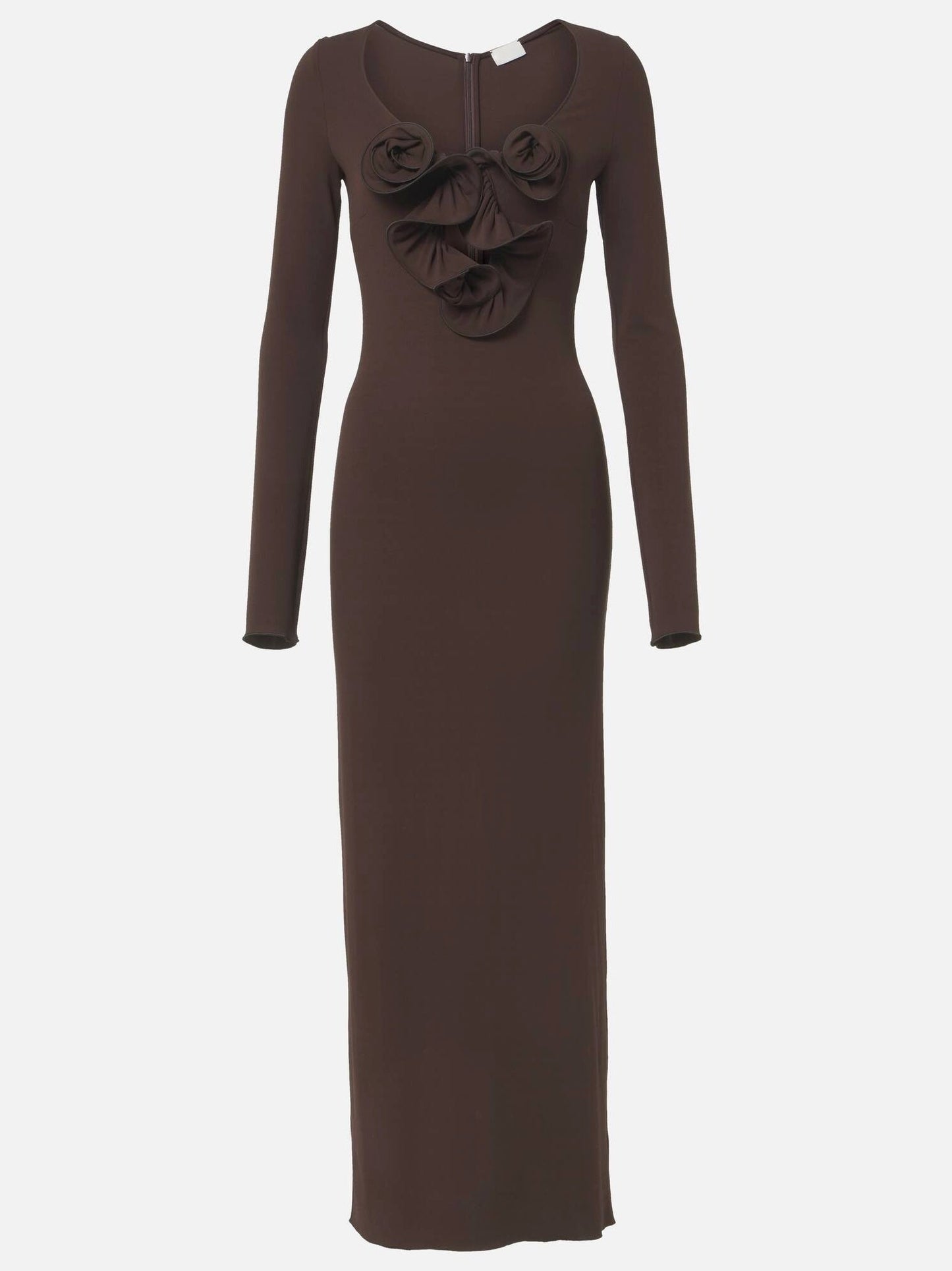 Brown long-sleeved Floral Applique Long Jersey Dress with floral embellishments