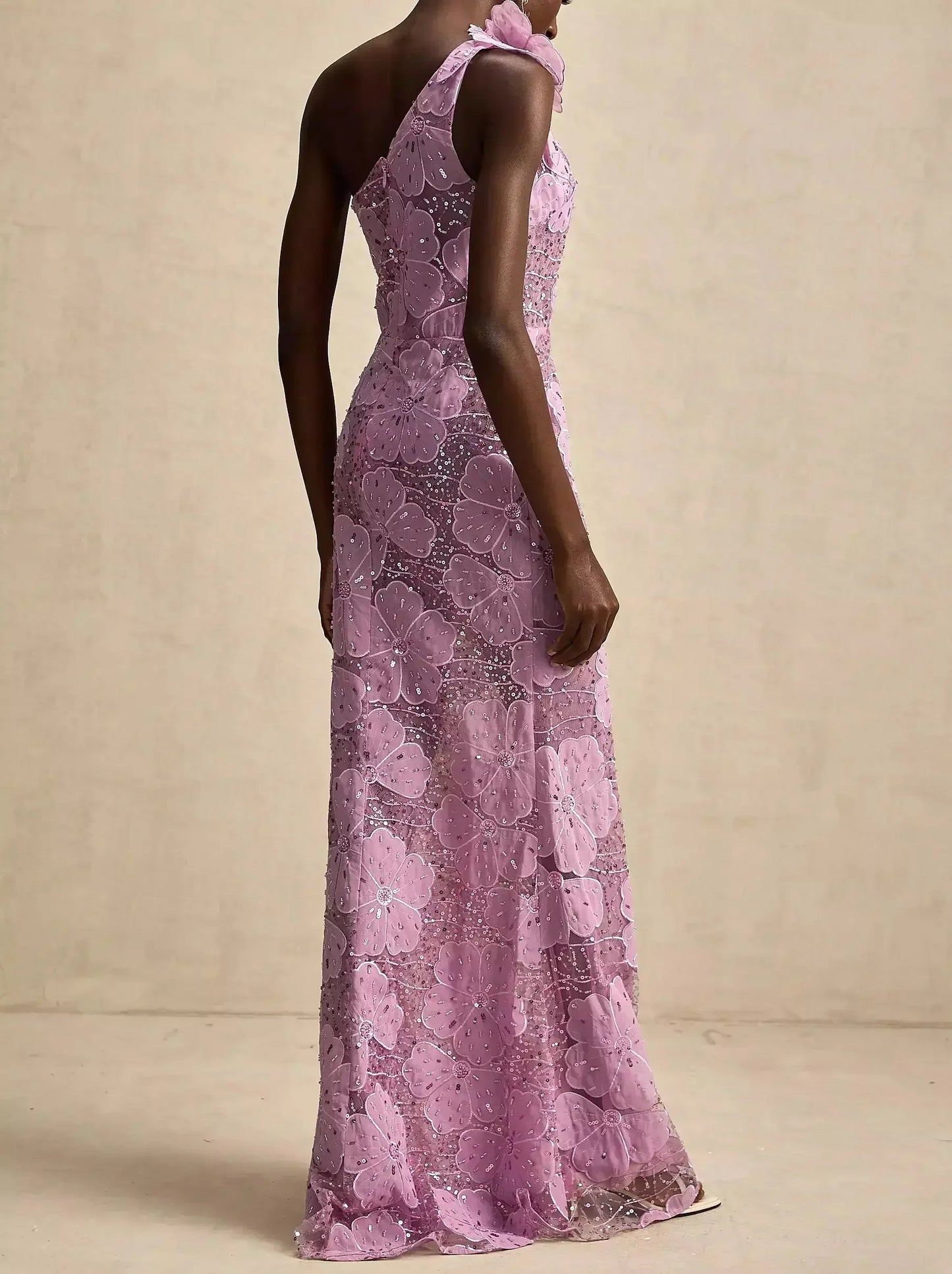 Floral Applique One-Shoulder Embellished Gown - Dresses