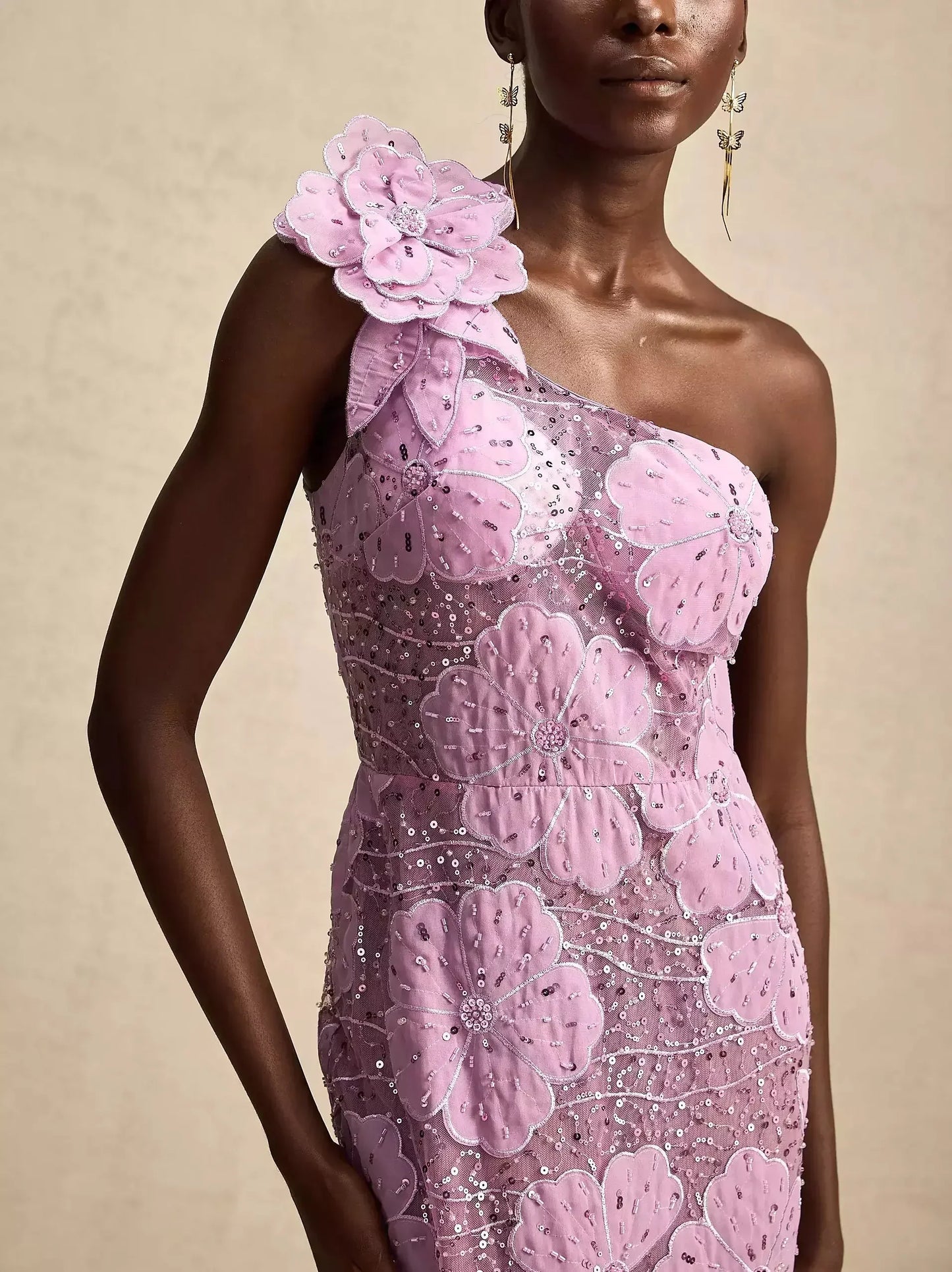 Floral Applique One-Shoulder Embellished Gown - Dresses