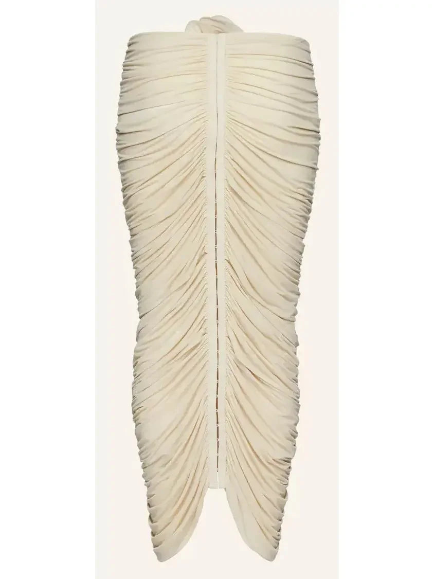 Floral Applique Ruched Midi Skirt in Light Beige - Skirts