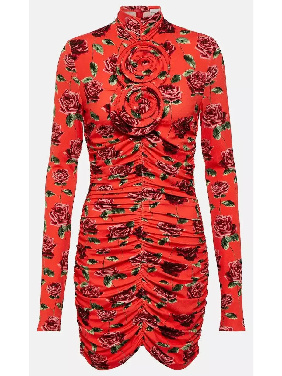 Floral-Appliqué Ruched Mini Dress - Dresses