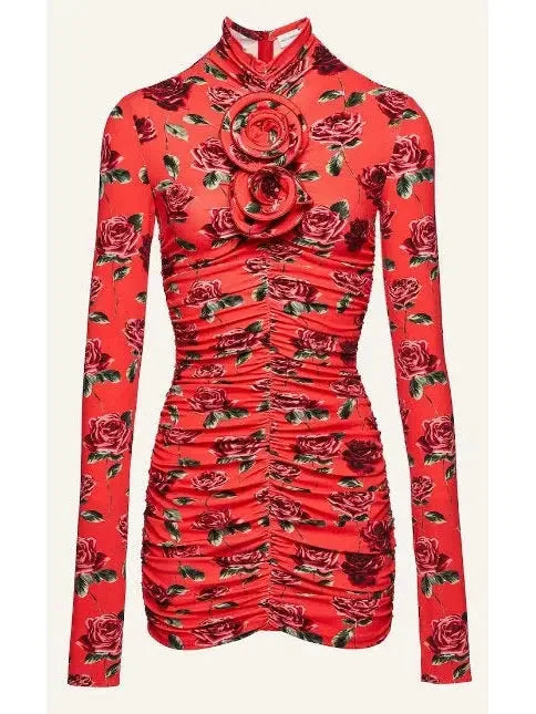 Floral-Appliqué Ruched Mini Dress - Dresses