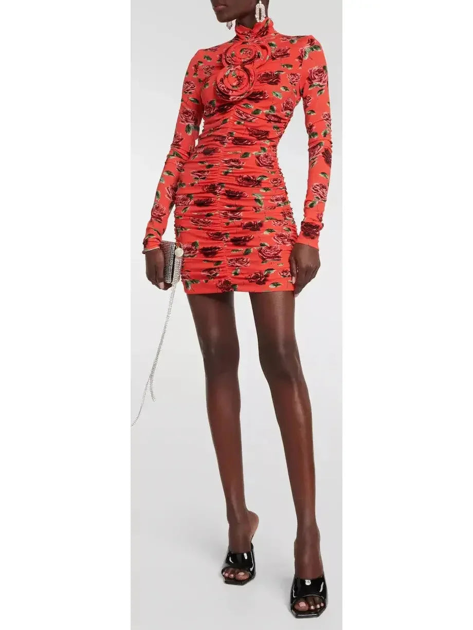 Floral-Appliqué Ruched Mini Dress - Dresses