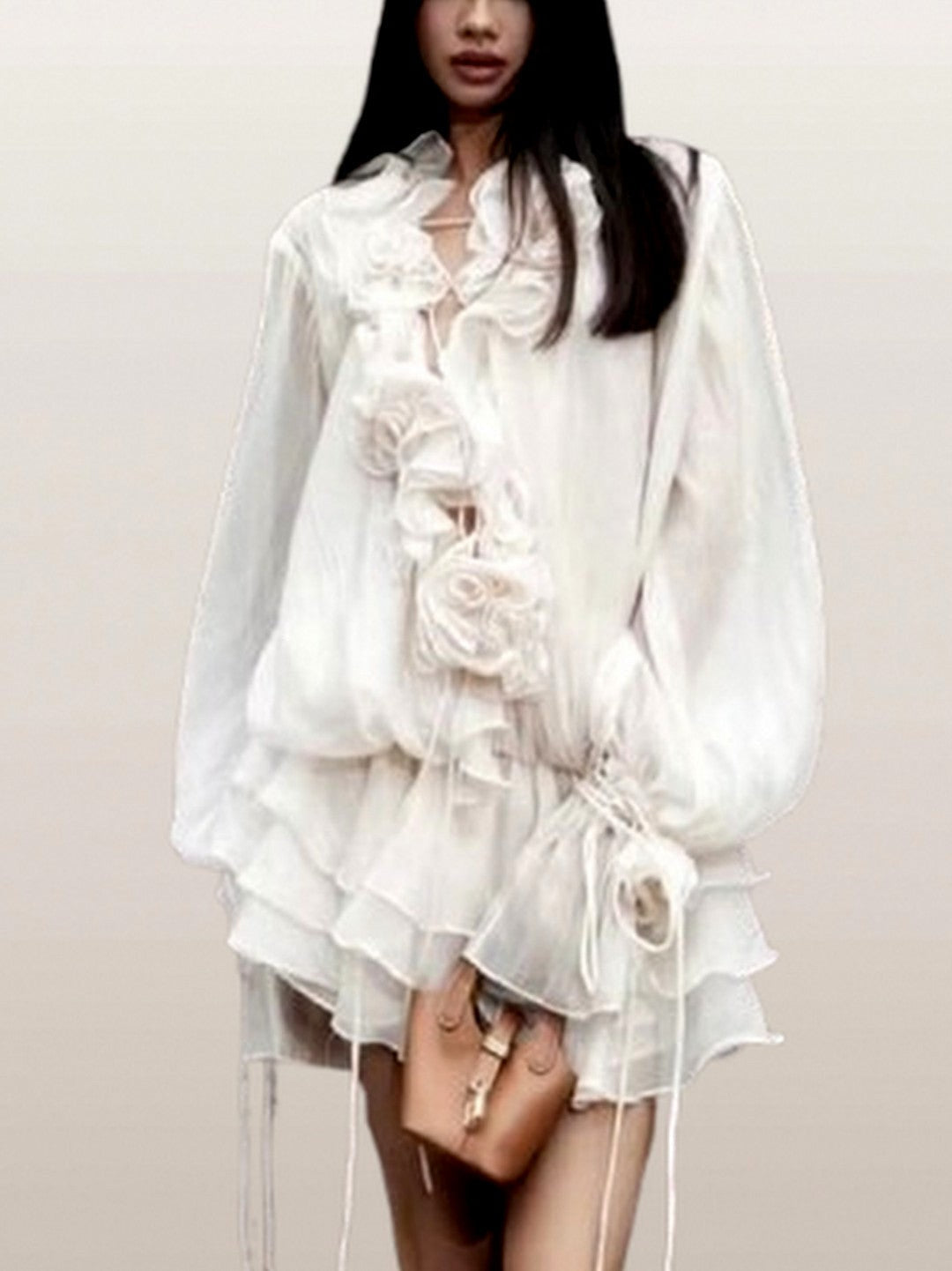 Floral Applique Ruffled Blouson Mini Dress - Dresses