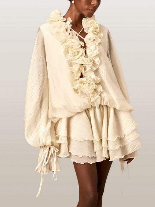 Floral Applique Ruffled Blouson Mini Dress - Dresses
