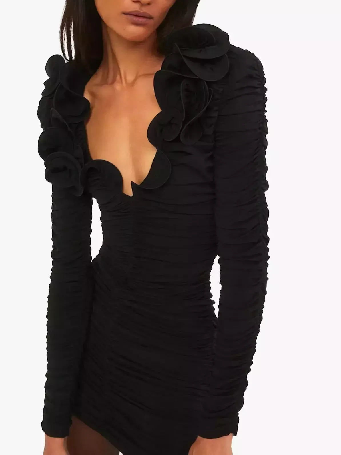 Floral Applique Ruffled Ruched Black Mini Dress - Dresses