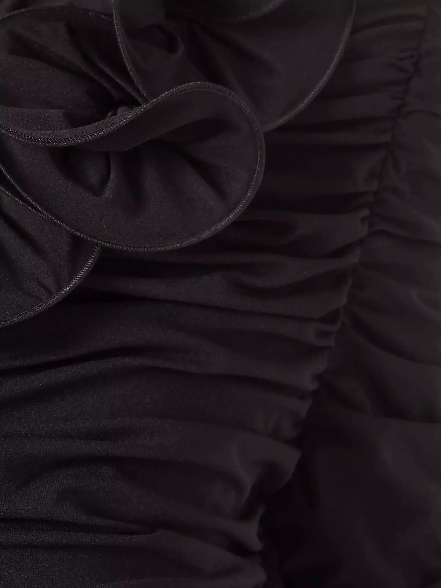 Floral Applique Ruffled Ruched Black Mini Dress - Dresses