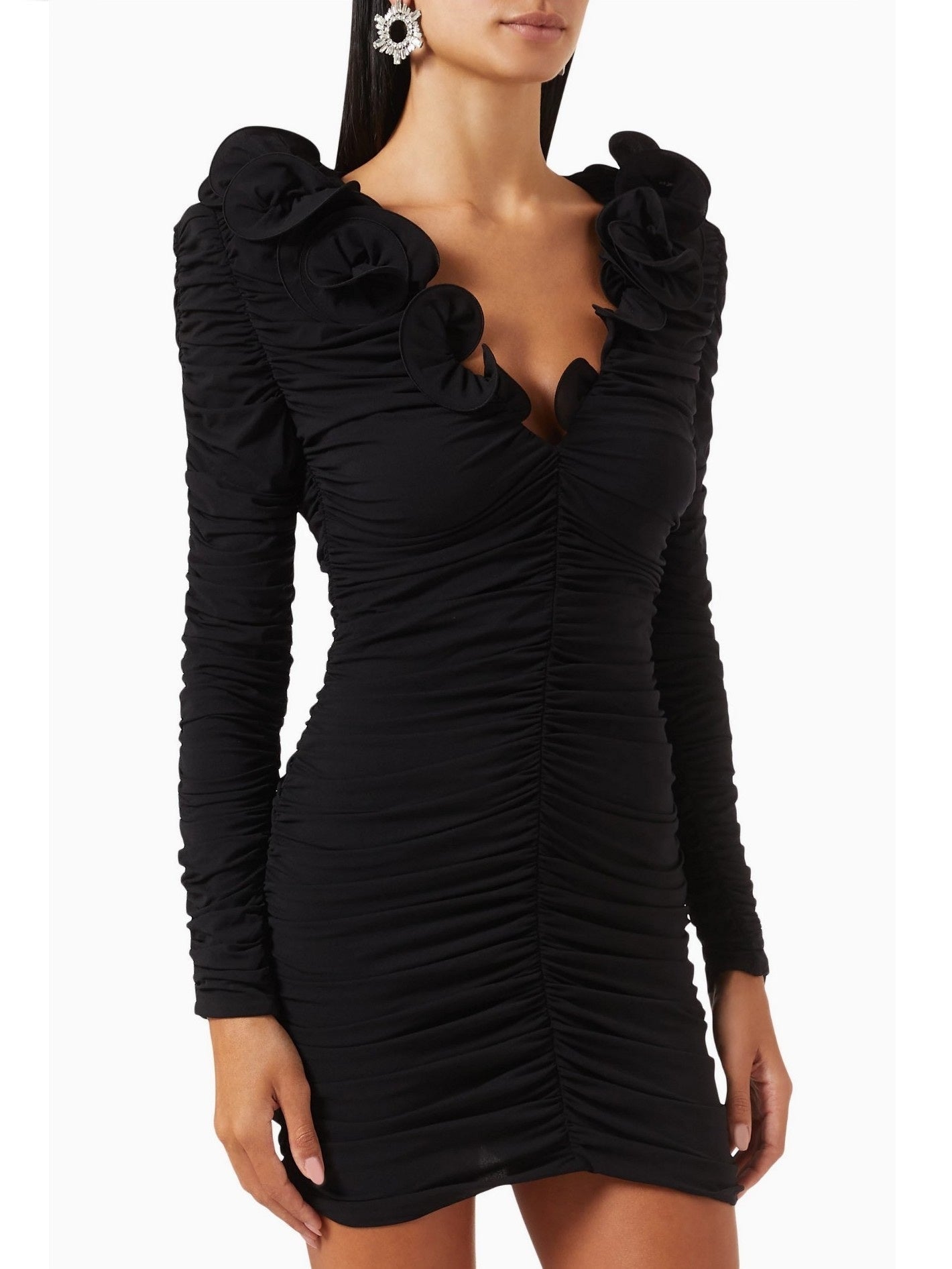 Floral Applique Ruffled Ruched Black Mini Dress - Dresses