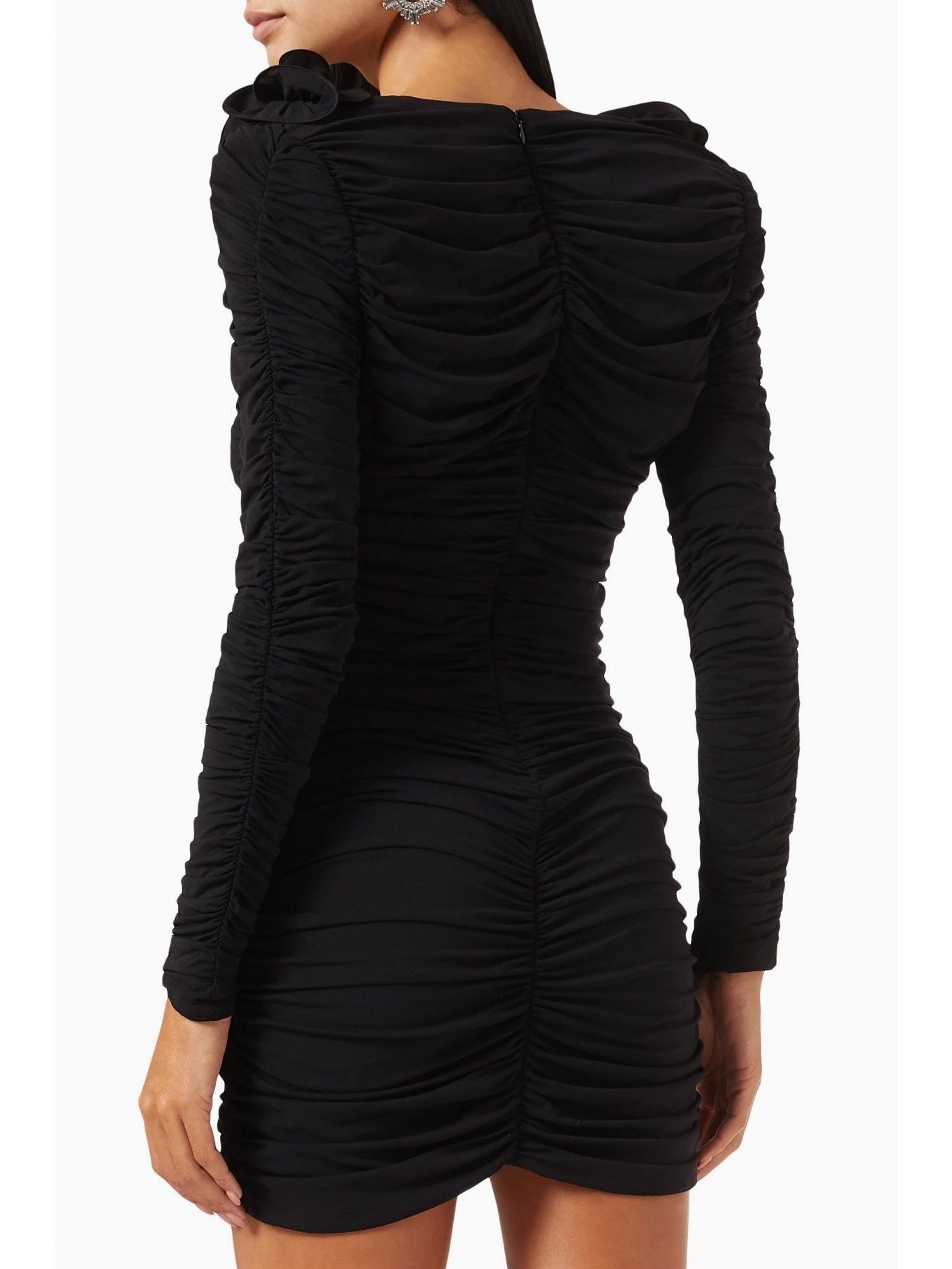 Floral Applique Ruffled Ruched Black Mini Dress - Dresses