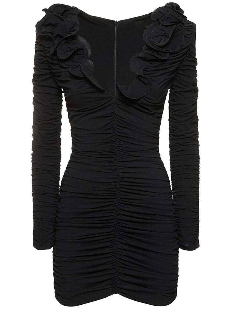 Floral Applique Ruffled Ruched Black Mini Dress - Dresses