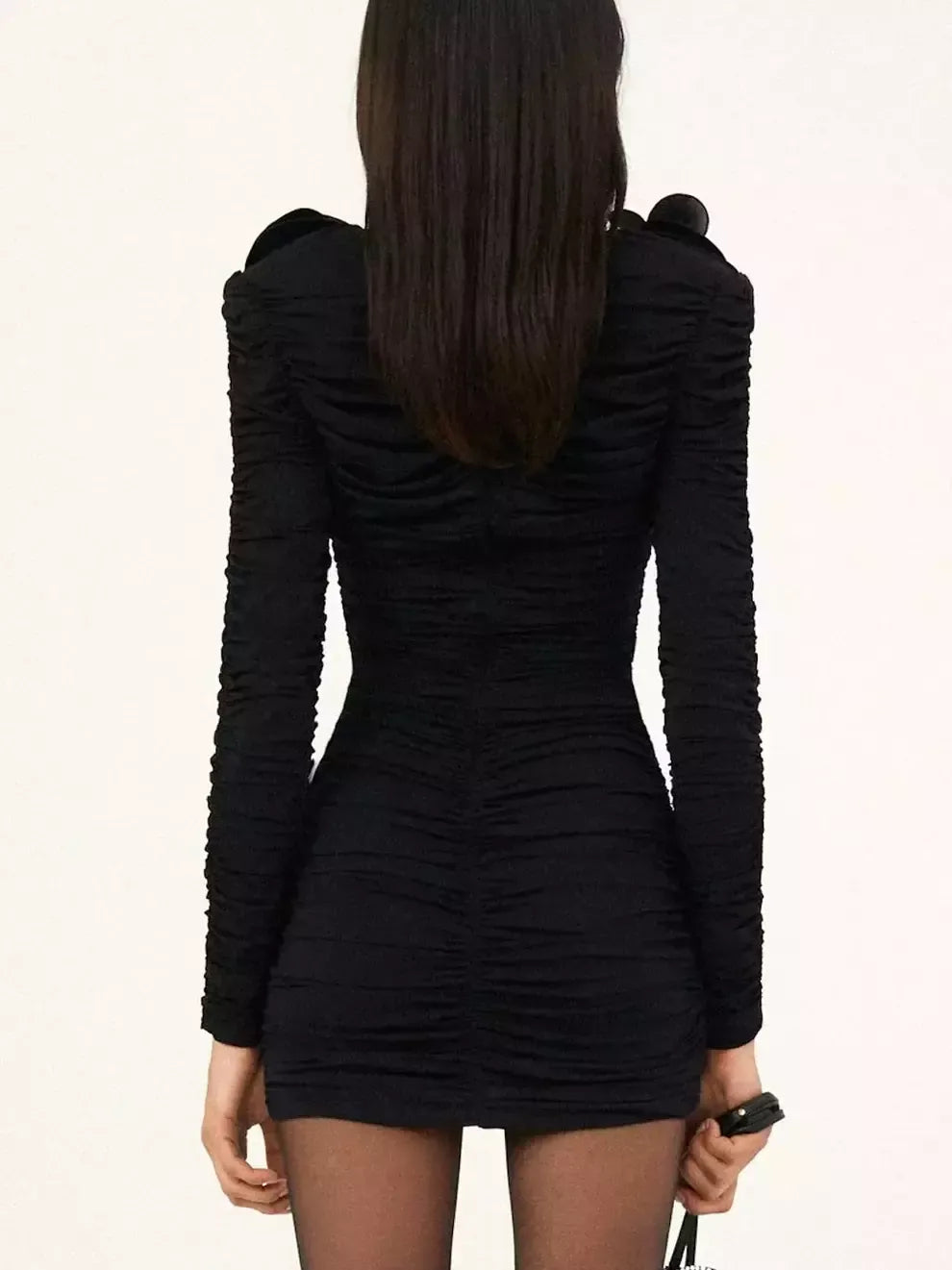 Floral Applique Ruffled Ruched Black Mini Dress - Dresses