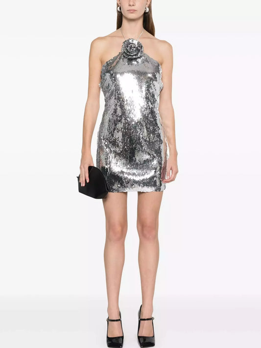 Floral-Appliqué Sequined Mini Dress in Silver - Dresses