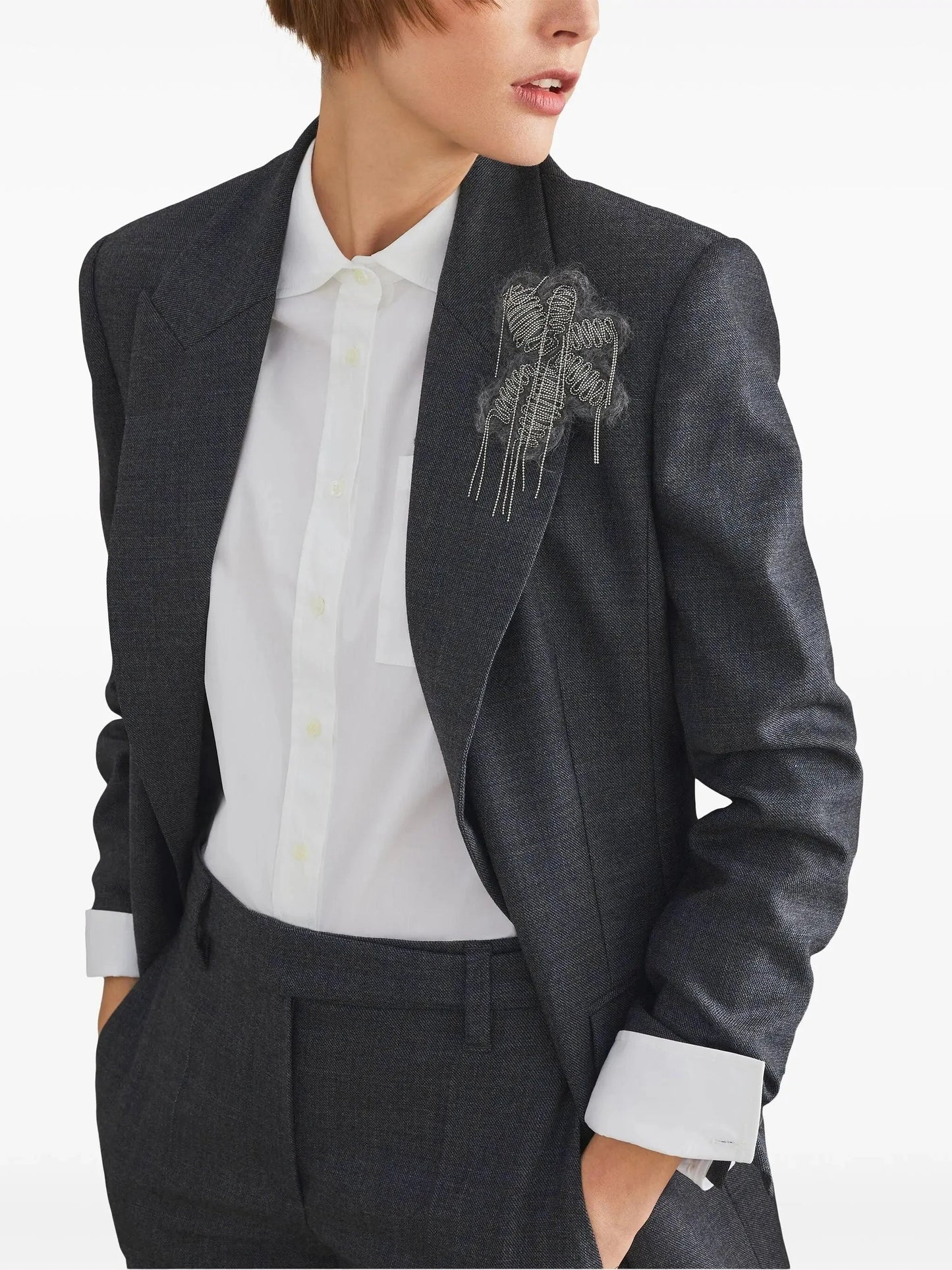 Floral-Appliqué Single-Breasted Blazer in Grey - Jackets