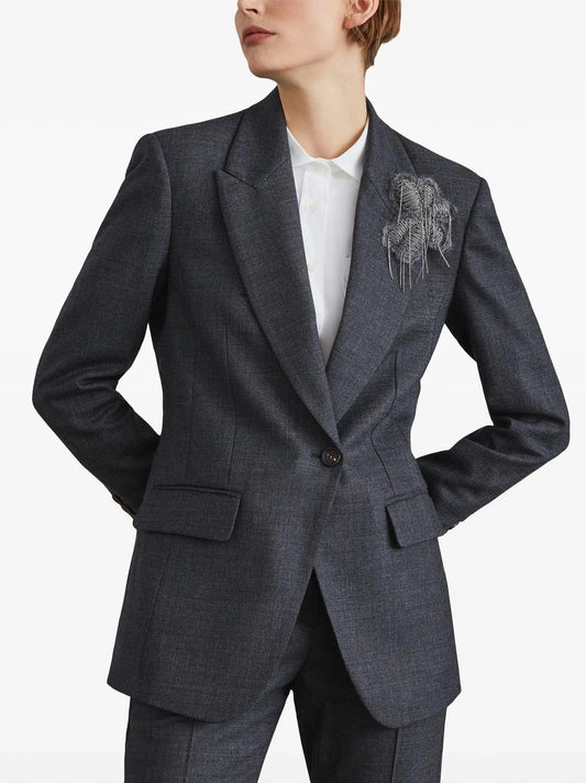 Floral-Appliqué Single-Breasted Blazer in Grey - Jackets