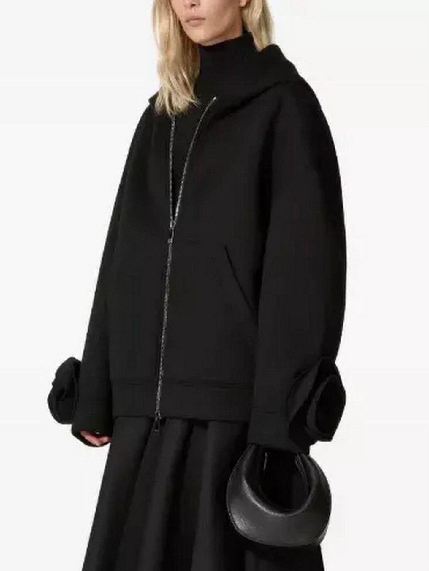 Floral-Applique Zip-Front Black Hooded Jacket - Jackets