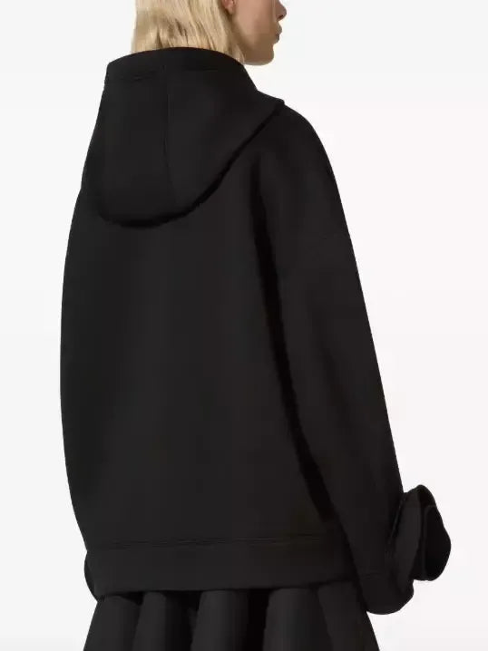 Floral-Applique Zip-Front Black Hooded Jacket - Jackets