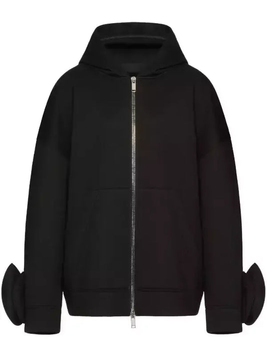 Floral-Applique Zip-Front Black Hooded Jacket - Jackets