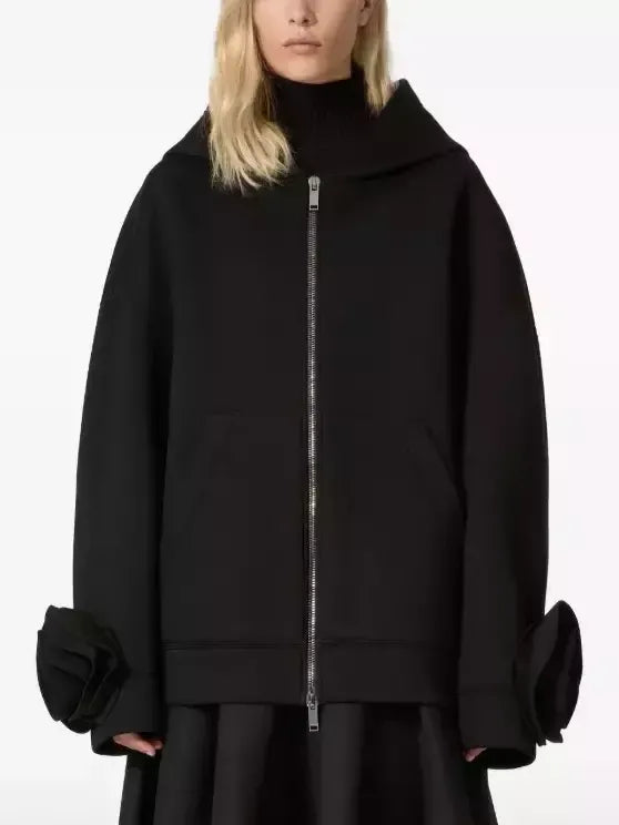 Floral-Applique Zip-Front Black Hooded Jacket - Jackets