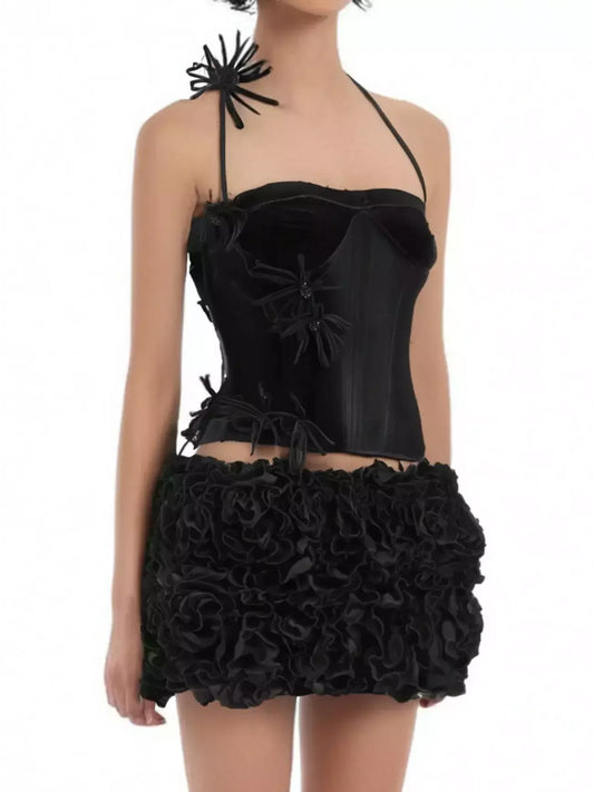 Floral-Appliqued Black Velvet Corset and Ruffle Skirt Set - Suits & Sets