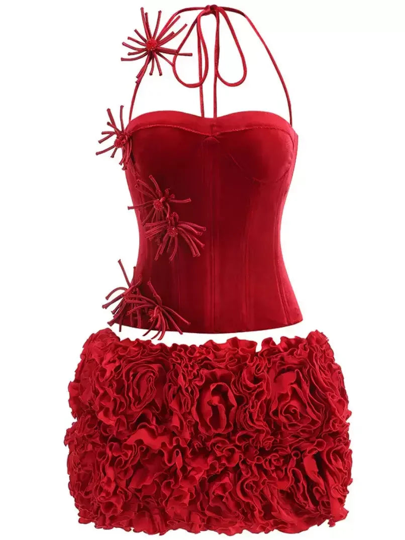 Floral-Appliqued Red Velvet Corset and Ruffle Skirt Set - Suits & Sets