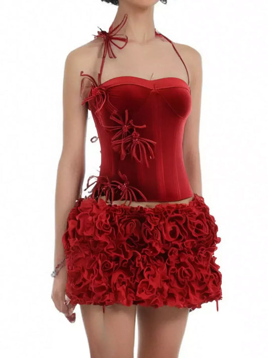 Floral-Appliqued Red Velvet Corset and Ruffle Skirt Set - Suits & Sets