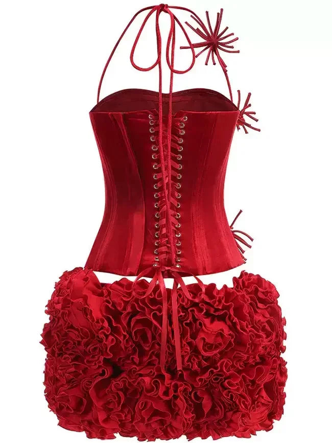 Floral-Appliqued Red Velvet Corset and Ruffle Skirt Set - Suits & Sets