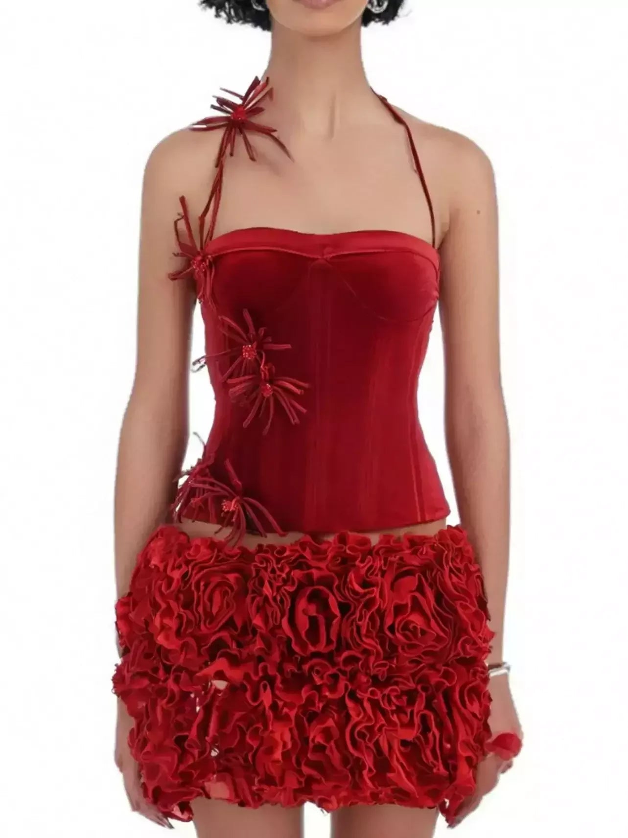 Floral-Appliqued Red Velvet Corset and Ruffle Skirt Set - Suits & Sets