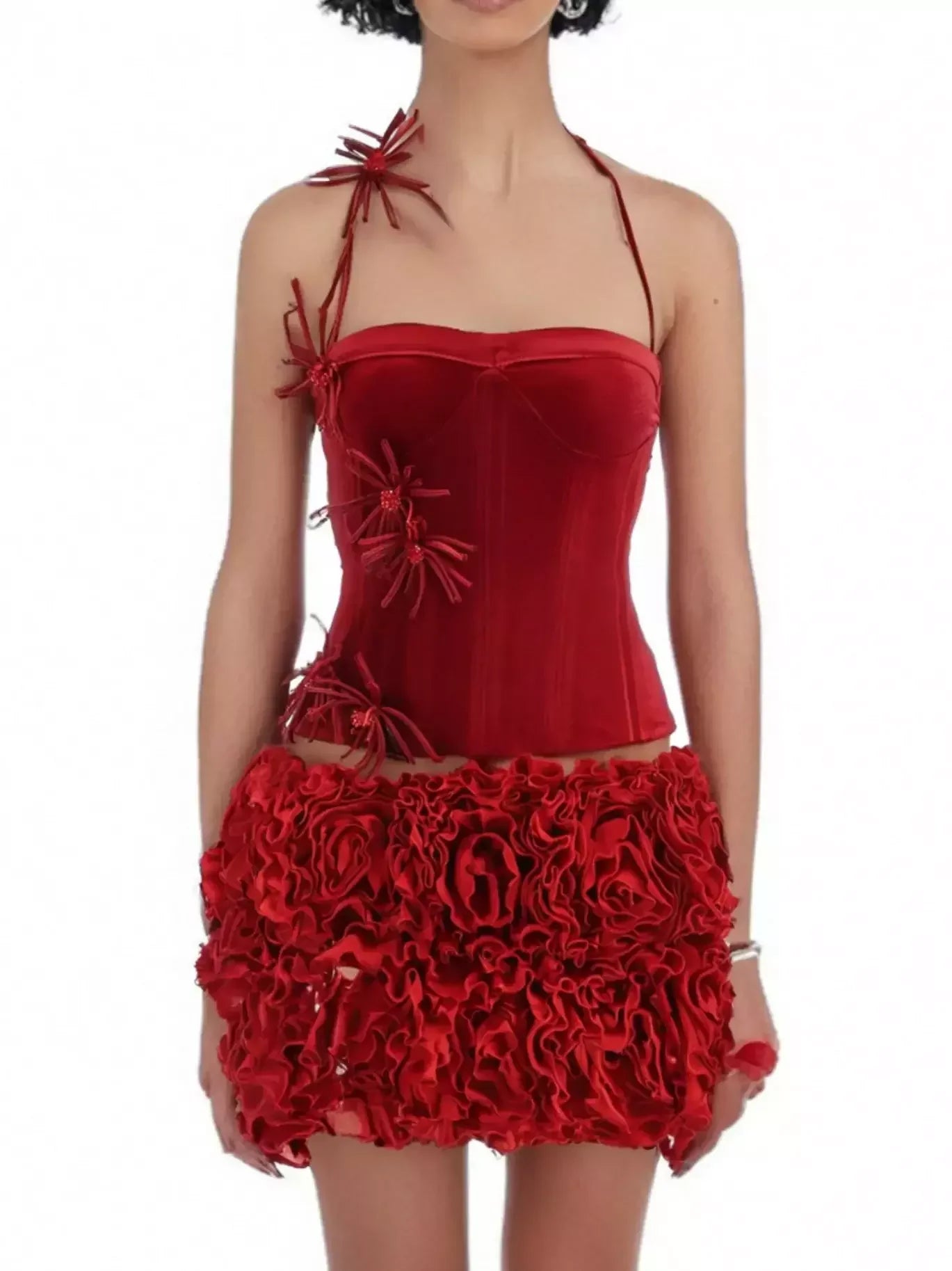 Floral-Appliqued Red Velvet Corset and Ruffle Skirt Set - Small - Suits & Sets