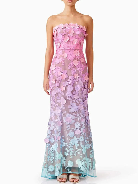 Floral Appliqued Strapless Tulle Gown - Small - Dresses