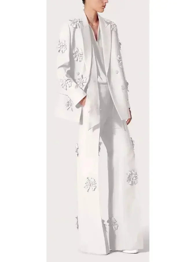 Floral-Appliques Blazer and Pant Suit in Fuchsia Pink or White - Suits & Sets