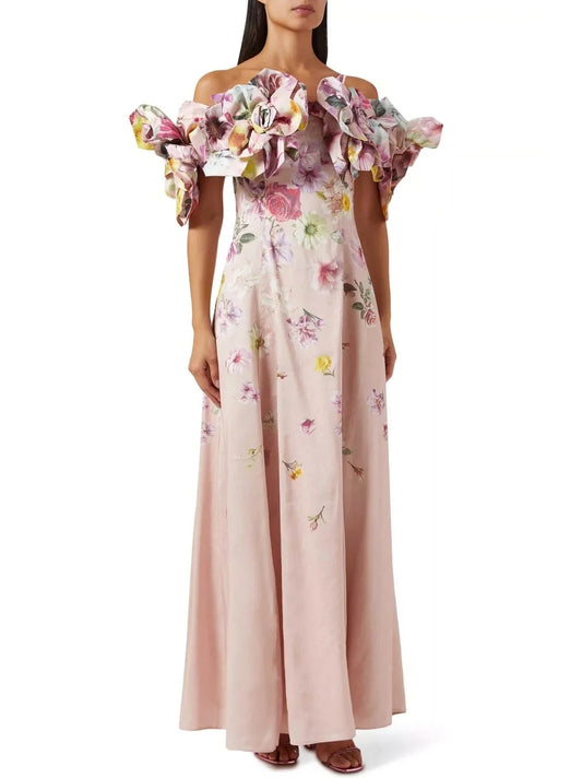 Floral Appliques Off-Shoulder Print Maxi Dress - Dresses