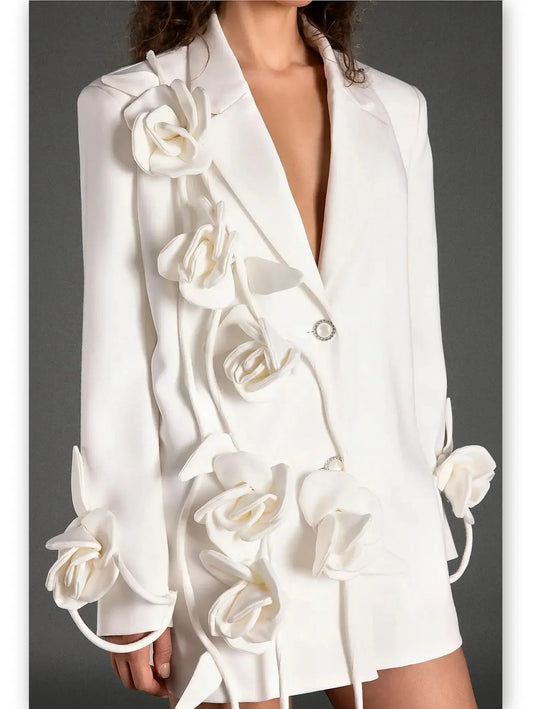 Floral-Appliques Oversize Blazer in White - Jackets