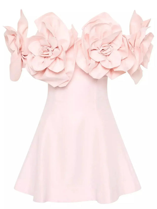 Floral-Appliques Pink Fit and Flared Off-Shoulder Mini Dress - Dresses
