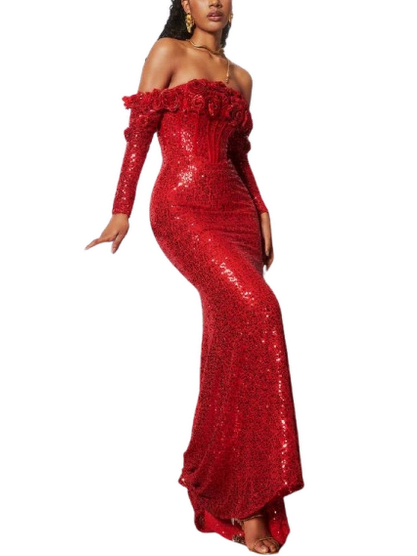 Floral Appliques Red Sequin-Embellished Off-Shoulder Gown - Dresses