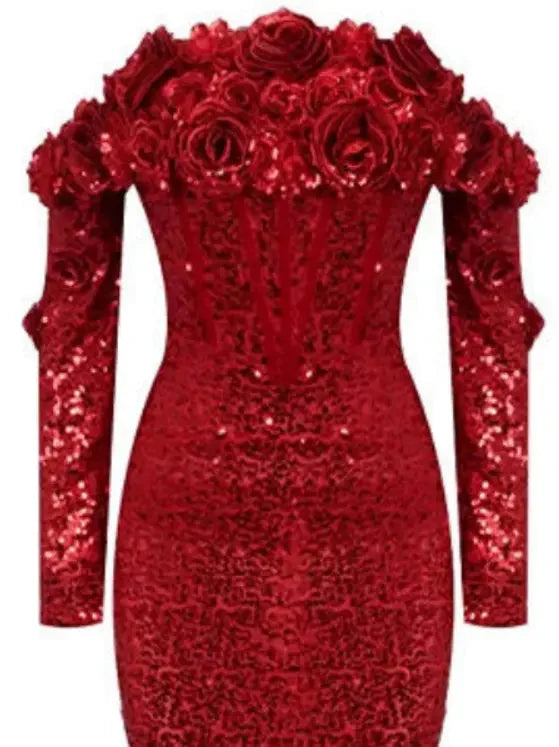 Floral Appliques Red Sequin-Embellished Off-Shoulder Gown - Dresses