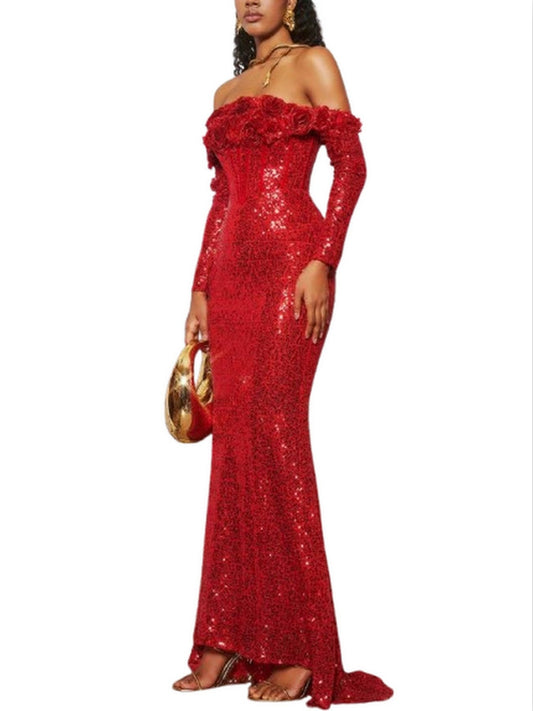 Floral Appliques Red Sequin-Embellished Off-Shoulder Gown - Dresses